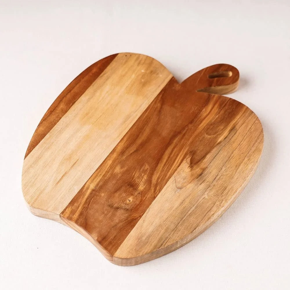 Beautiful Teak Wood Cutting Board with Handle Hardwood Small Chopping Board for Kitchen Apple Shape Wooden Chopping Board, Bread, Cheese, Crackers Serving Platter Reversible, Smooth, Sturdy