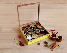 Load image into Gallery viewer, Export quality handmade Masala box | Spice Box all colors available (Fluorescent Colour Range) Wooden Handcrafted Spice Box/ Masala Dabba with 16 Round Compartments and Spoon
