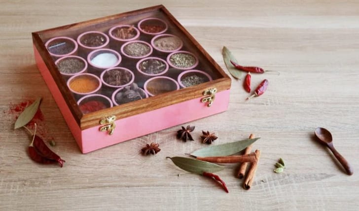 Export quality handmade Masala box | Spice Box all colors available (Fluorescent Colour Range) Wooden Handcrafted Spice Box/ Masala Dabba with 16 Round Compartments and Spoon