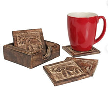 Load image into Gallery viewer, Wood Drink Coasters Export Elephant Carved 4 Pieces Coasters Set with Holder
