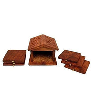Load image into Gallery viewer, Wooden Hand Craved Hut Shaped Coaster Set with Engraved Flowers for Tea, Coffee, and Drink with Holder/Stand - Handmade Cup Coasters -Set of 6
