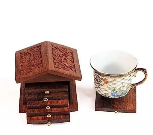 Wooden Hand Craved Hut Shaped Coaster Set with Engraved Flowers for Tea, Coffee, and Drink with Holder/Stand - Handmade Cup Coasters -Set of 6