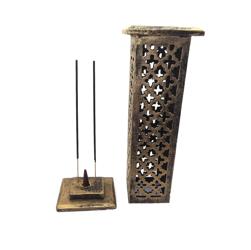 Export quality Handmade Wooden Vertical Antique Incense Sticks Holder/Stand (Golden)