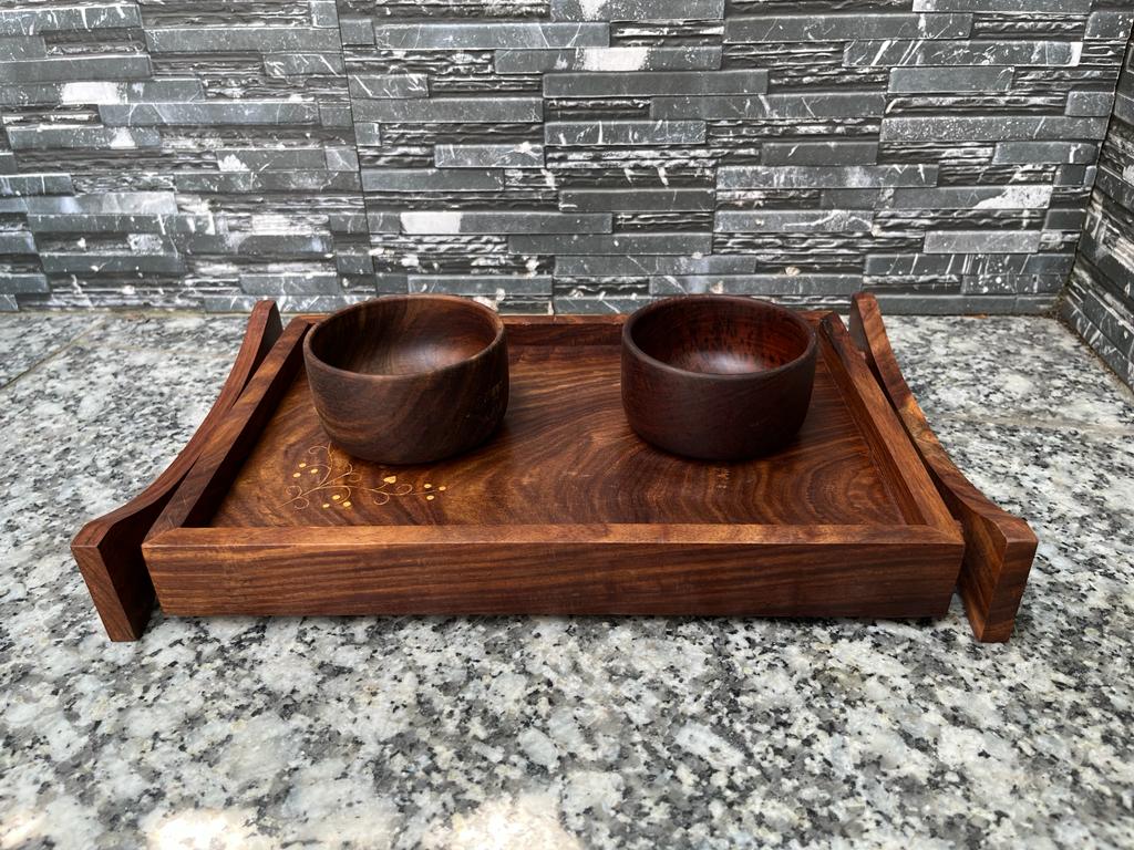 Handmade Sheesham Wood Serving 2-Sided Tray for Dining Table Rectangle Shape Tray for Breakfast | Coffee Serving Tray | Home Decoration