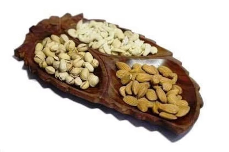 *Wooden Serving Platter Dry Fruits Tray 3 Compartments Mango Shape | Rose Wood Sheesham Wood Dry Fruits Serving Tray Handcrafted Serving Platter Wooden Tray