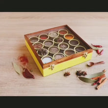 Load and play video in Gallery viewer, Export quality handmade Masala box | Spice Box all colors available (Fluorescent Colour Range) Wooden Handcrafted Spice Box/ Masala Dabba with 16 Round Compartments and Spoon
