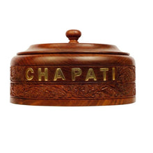 Load image into Gallery viewer, Rosewood Wood Carved &quot;CHAPATI&quot; Printed Roti Box | Chapati Warmer Hotpot Storage | Casserole Dish Kitchen Set with Lid | Tortilla box for keeping hot
